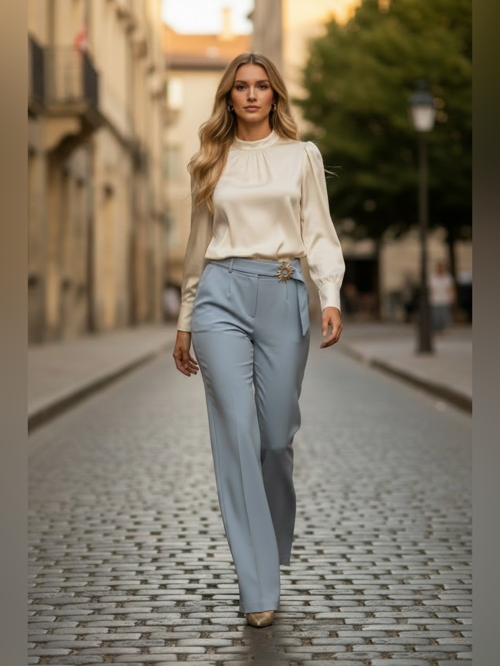 201 • Parisienne Tailored Pants | Ice Blue Pants with Golden Sun Buckle Belt